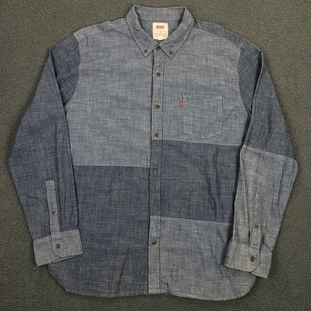 Levis Shirt Mens XL Blue‎ Chambray Patchwork Utility Denim Workwear Button Down